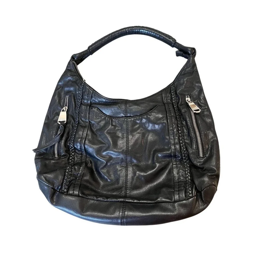 Andrew Marc Hobo Shoulder Bag Womens Black Braided Trim Dual Zip